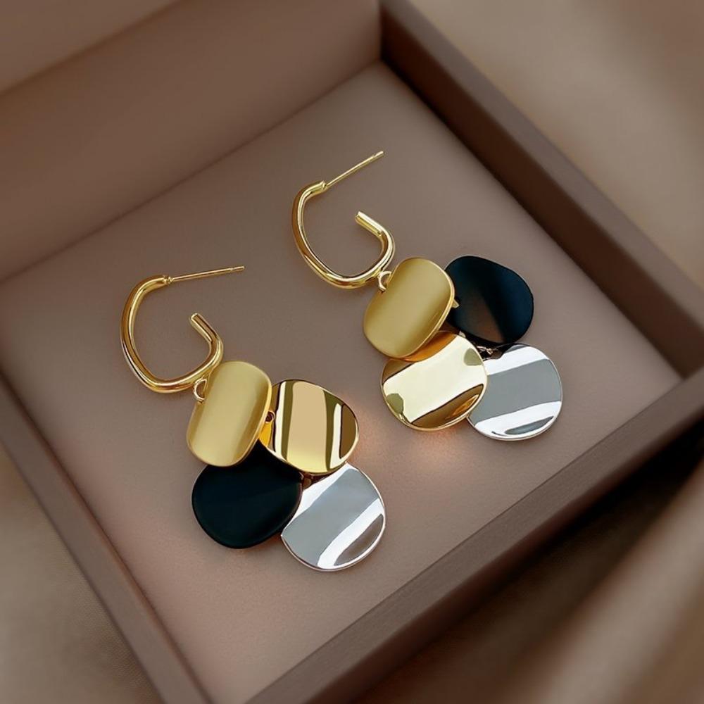 S925 Silver Needle Retro Hong Kong Style Contrasting Color Disc Fringed Earrings Style Temperament Long Stud Earrings Earrings Women