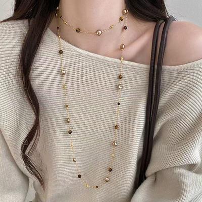 Trendy Multi-layer Tiger's Eye Stone Necklaces for Women Stackable Pearl Beads Long Sweater Chain Y2K Charms Jewelry Gifts