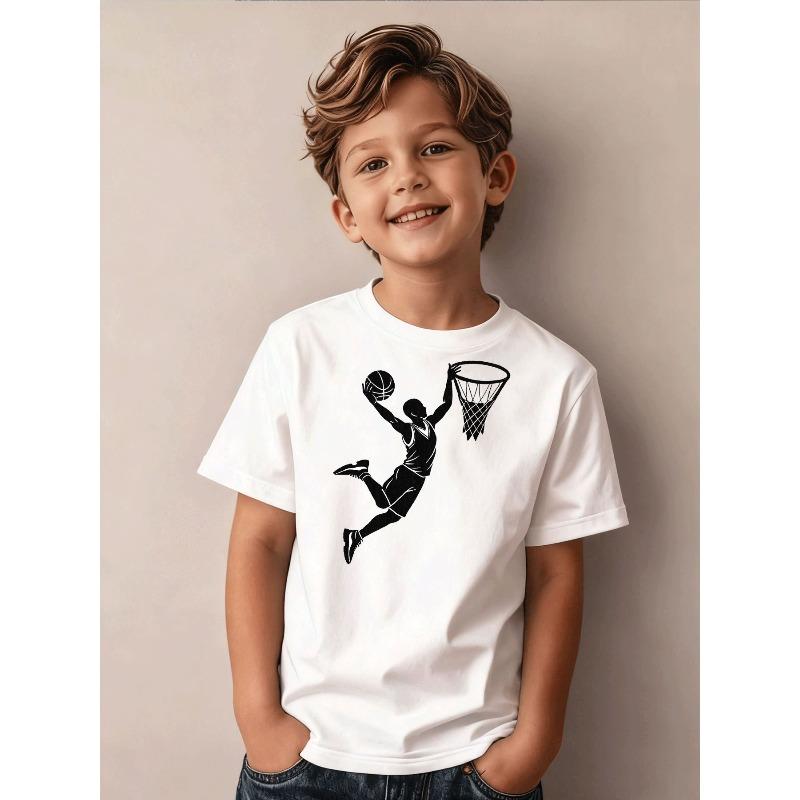 Boys T Shirt Casual Sporty Basketball Player Dunking Hoop Graphic 110 белый