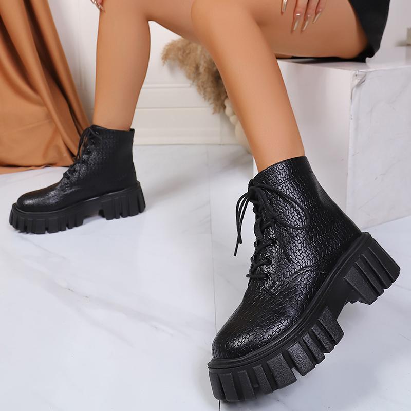 Black Chunky Platform Motorcycle Boots Women Wide Foot Pu Leather Lace Up Ankle Boots Woman Plus Size 42 Thick Sole Short Botas