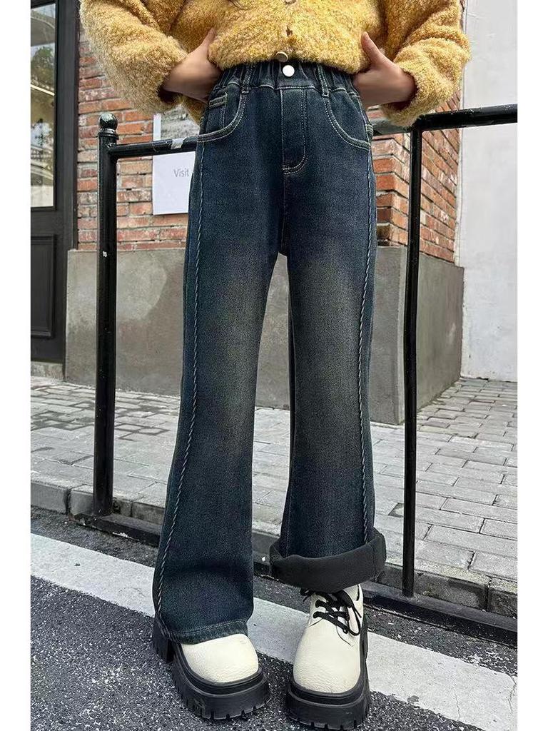 Girls' Plus Velvet Flared Pants - Stylish Slim Fit Autumn/Winter Jeans for Older Children and Students