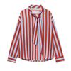 Womens Striped Long Sleeve Shirt With Tie Neck Loose Fit Linen-Feel Top Casual Street Style Blouse