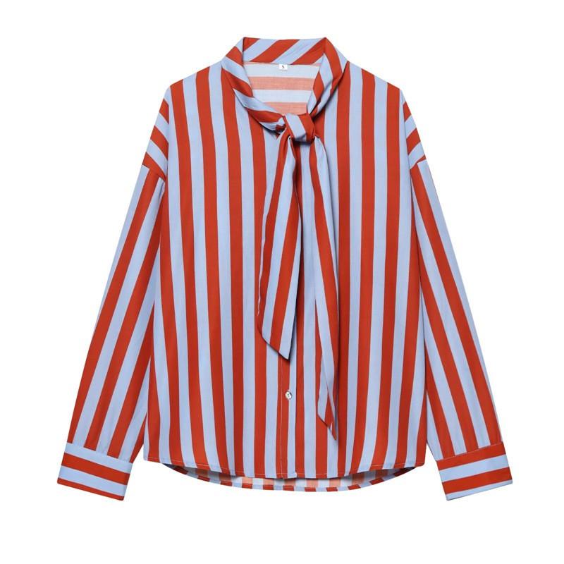 Womens Striped Long Sleeve Shirt With Tie Neck Loose Fit Linen-Feel Top Casual Street Style Blouse
