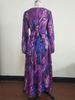 2025 European & American Women's V-Neck Long Dress - Red Leaf Print with Lantern Sleeves