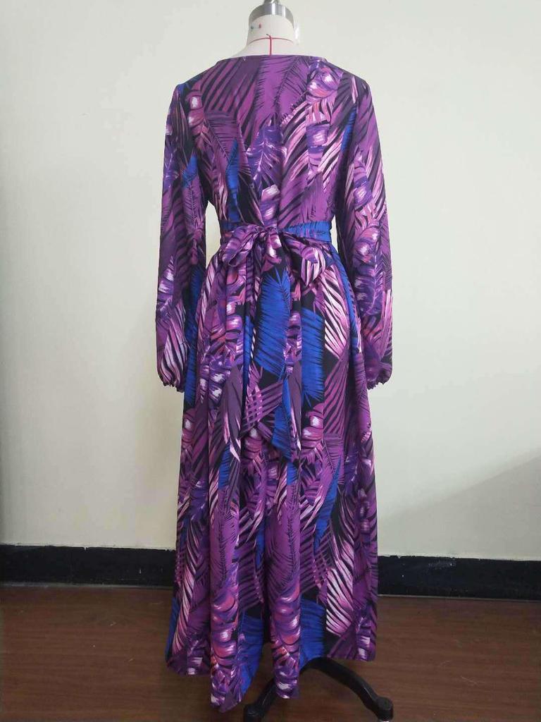 2025 European & American Women's V-Neck Long Dress - Red Leaf Print with Lantern Sleeves
