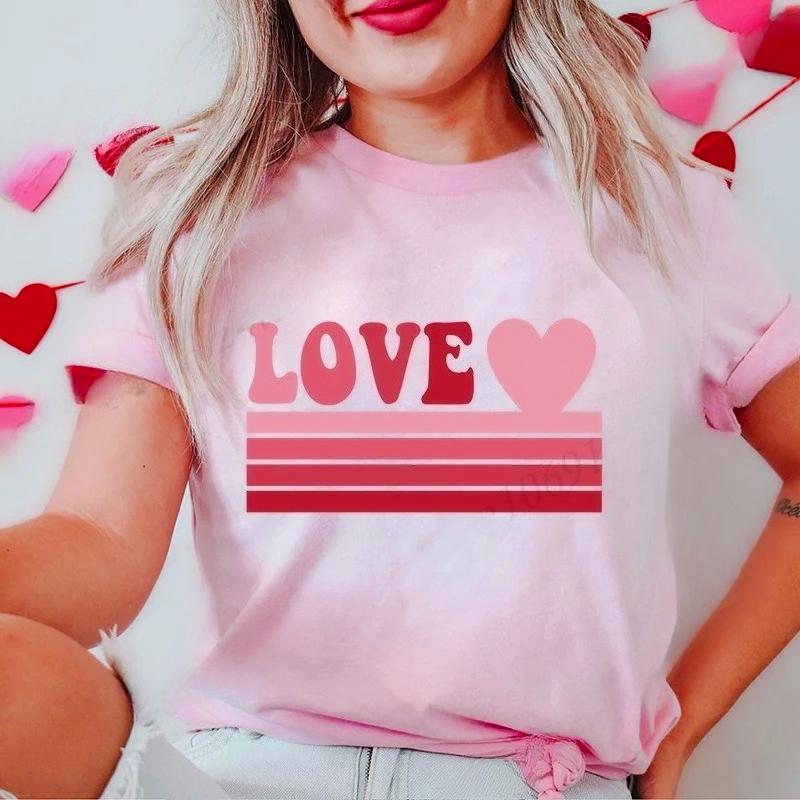 New Women's T-Shirts Clothing Valentine Leopard Love Heart Print Tees Breathable Tshirt Loose Top Harajuku Casual Short Sleeve