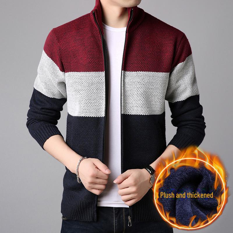 Herren Herbst/Winter Reißverschluss Strickjacke: Gestrickte Samtjacke mit Stehkragen