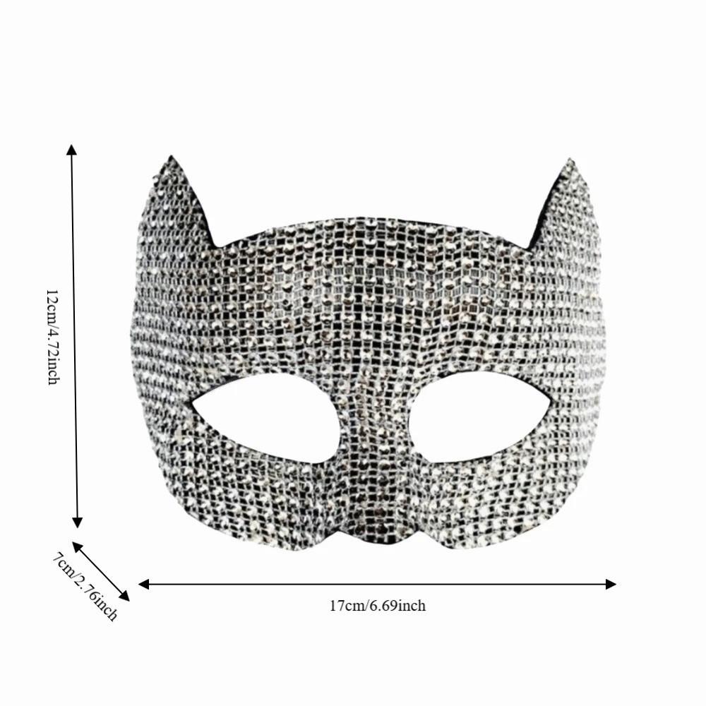Chic Plastic Halloween Mask Sparkly Shiny Cat Ear Half Face Mask Lightweight Rhinestone Masquerade Eye Mask Carnival