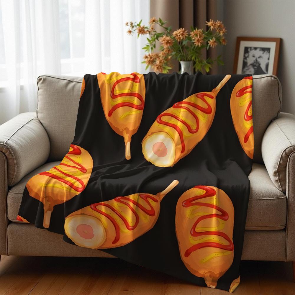 Corn Dog Fast Food Dark Cartoon Anime Print Flannel Blanket Soft Warm Throw for Kids Bedroom Sofa Christmas Office Car