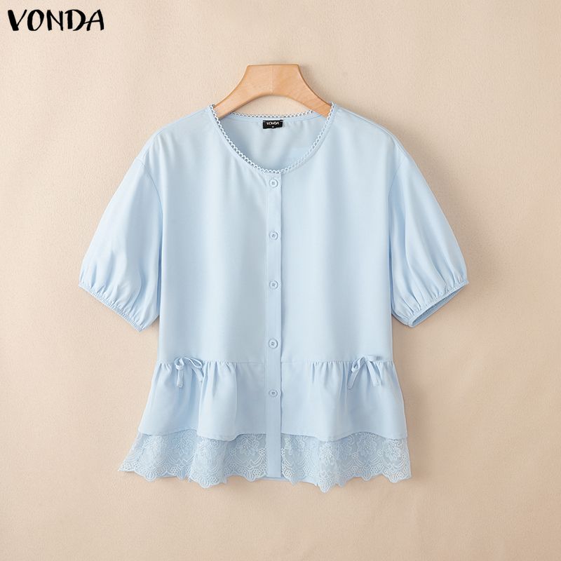 VONDA Summer Women Short Sleeve Lace Hem Casual Ruffled T-shirts Tops Blouse