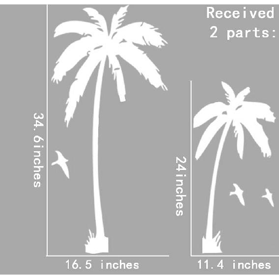BIBITIME 2 Coconut Palms Wall Sticker White Birds Silhouette Vinyl Coco Decor Decals for Office Background Decorations Living Room Bedroom Nursery