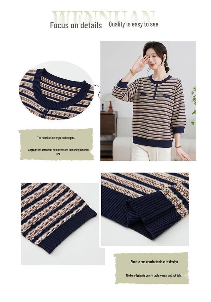 Elegant Korean-Style Striped Knitwear T-Shirt for Women, Plus Size, Loose Fit, Five-Sleeve, Perfect for Middle-Aged & Elderly, Spring Wear.
