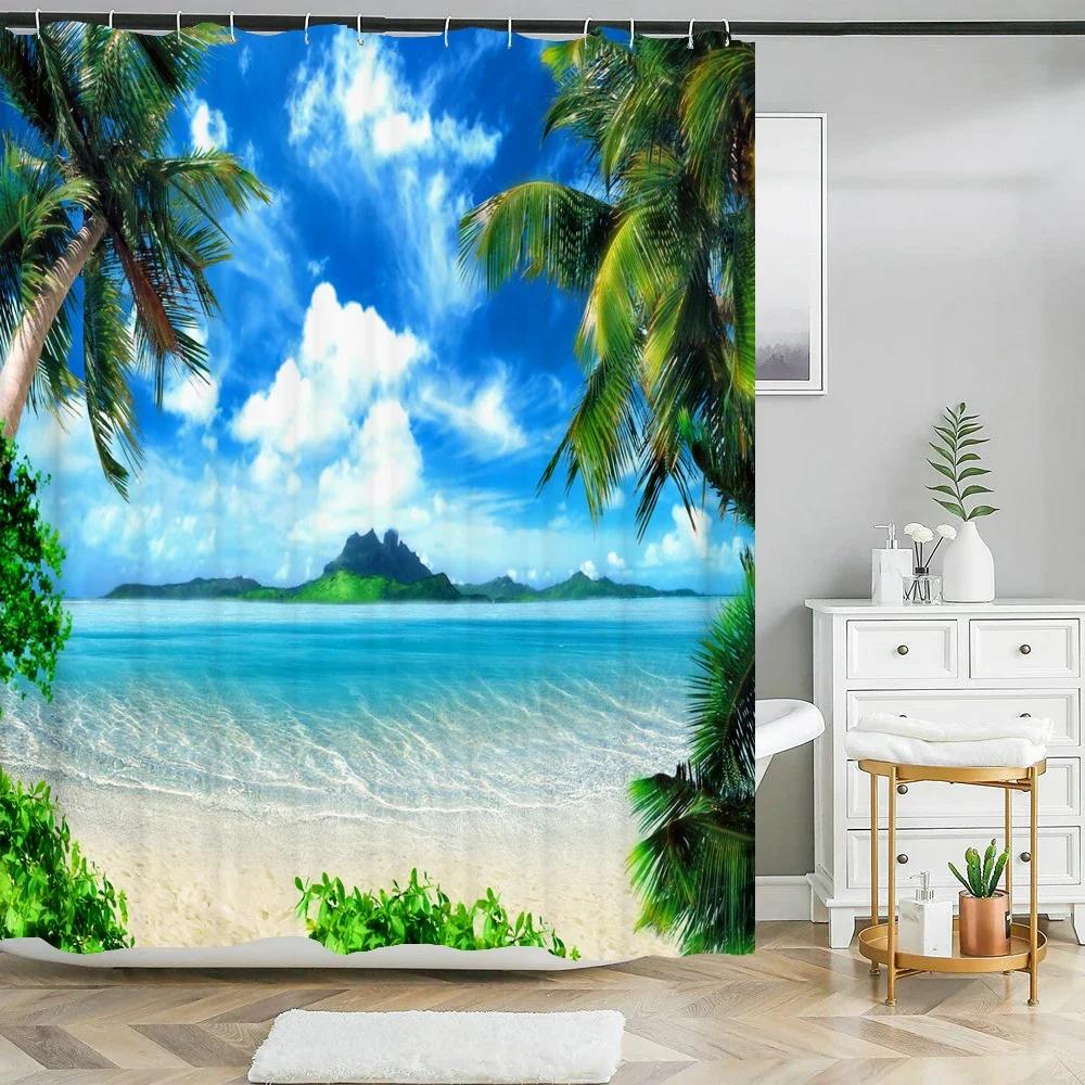Havsutsikt Scenisk Strand Snäckor Duschdraperier Badrumsgardin Frabic Vattentätt Polyester Badgardiner för Badrum 180x180cm