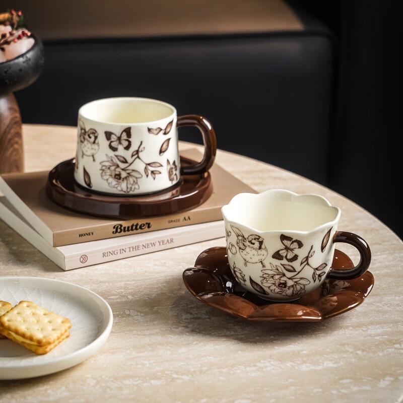 MOZHOU Vintage Flower & Bird Ceramic Coffee Cup Set
