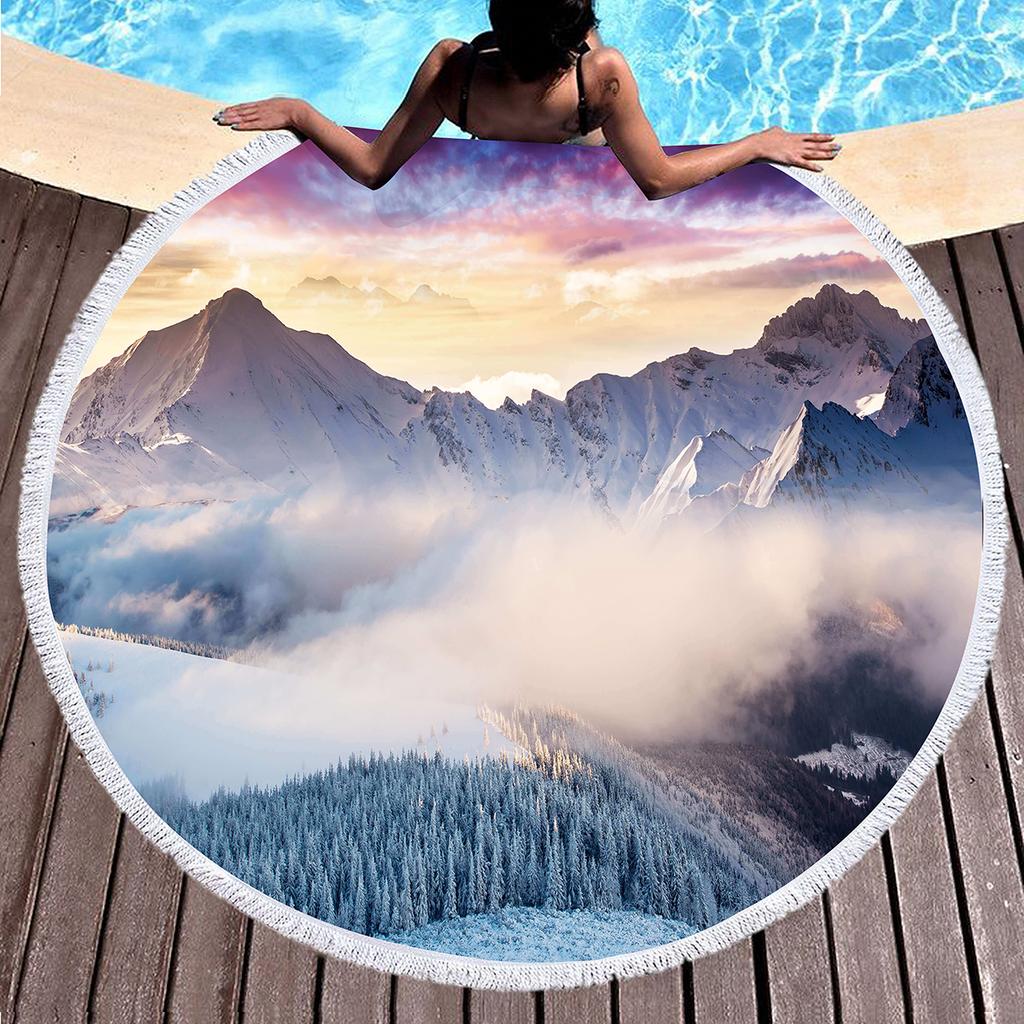 Natural Scenery Snow Mountain Round Beach Towel Sand Free Quick Dry Beach Towels with Tassels for Women Adult Swim Pool Yoga
