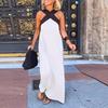 Women Evening Dress Cross Neck Off Shoulder Backless Robe Dress Solid Color Loose