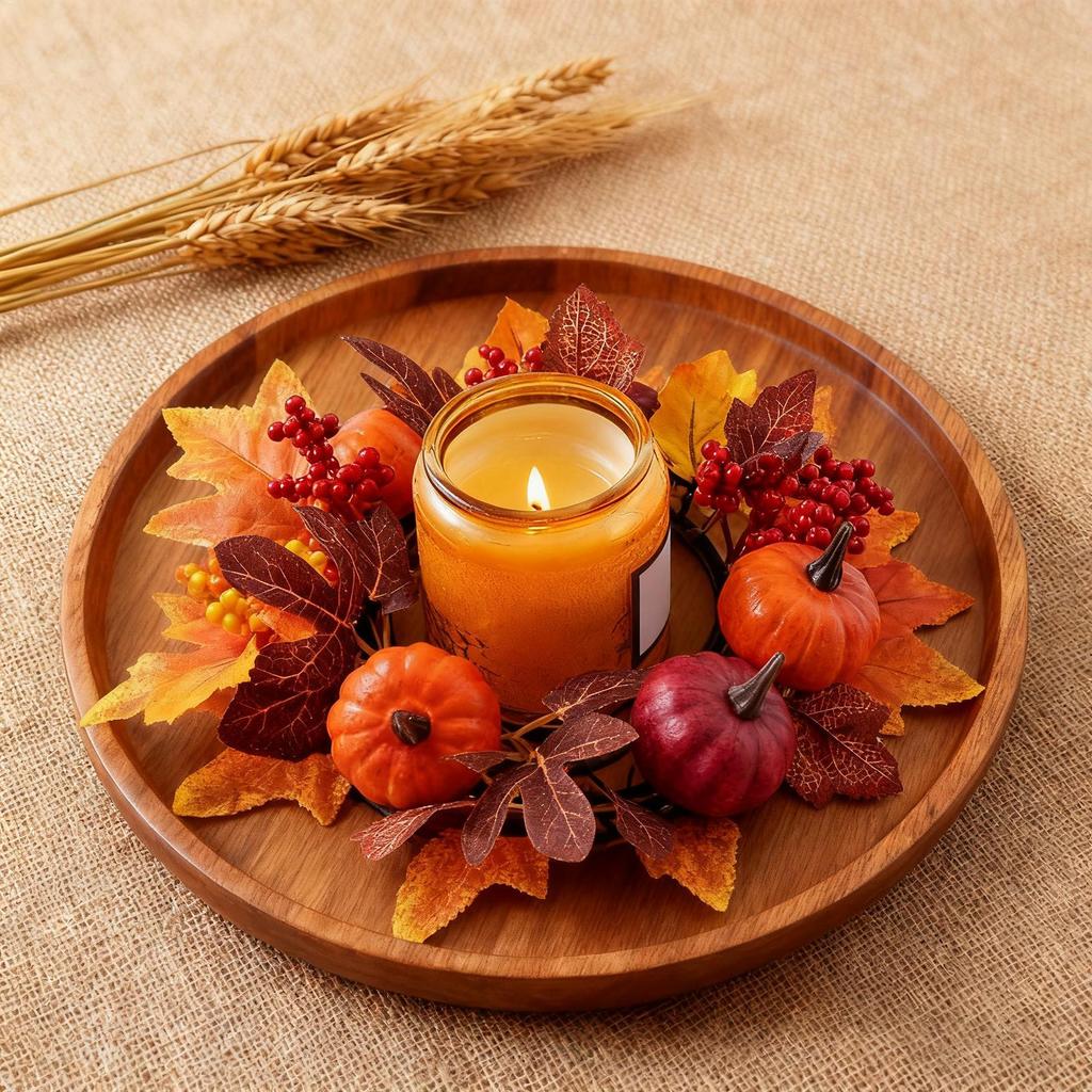 Fall Candle Ring for Pillar Artificial Candle Garland Decor Harvest Maple Leaves Pumpkins Berries Garland for Fall Thanksgiving