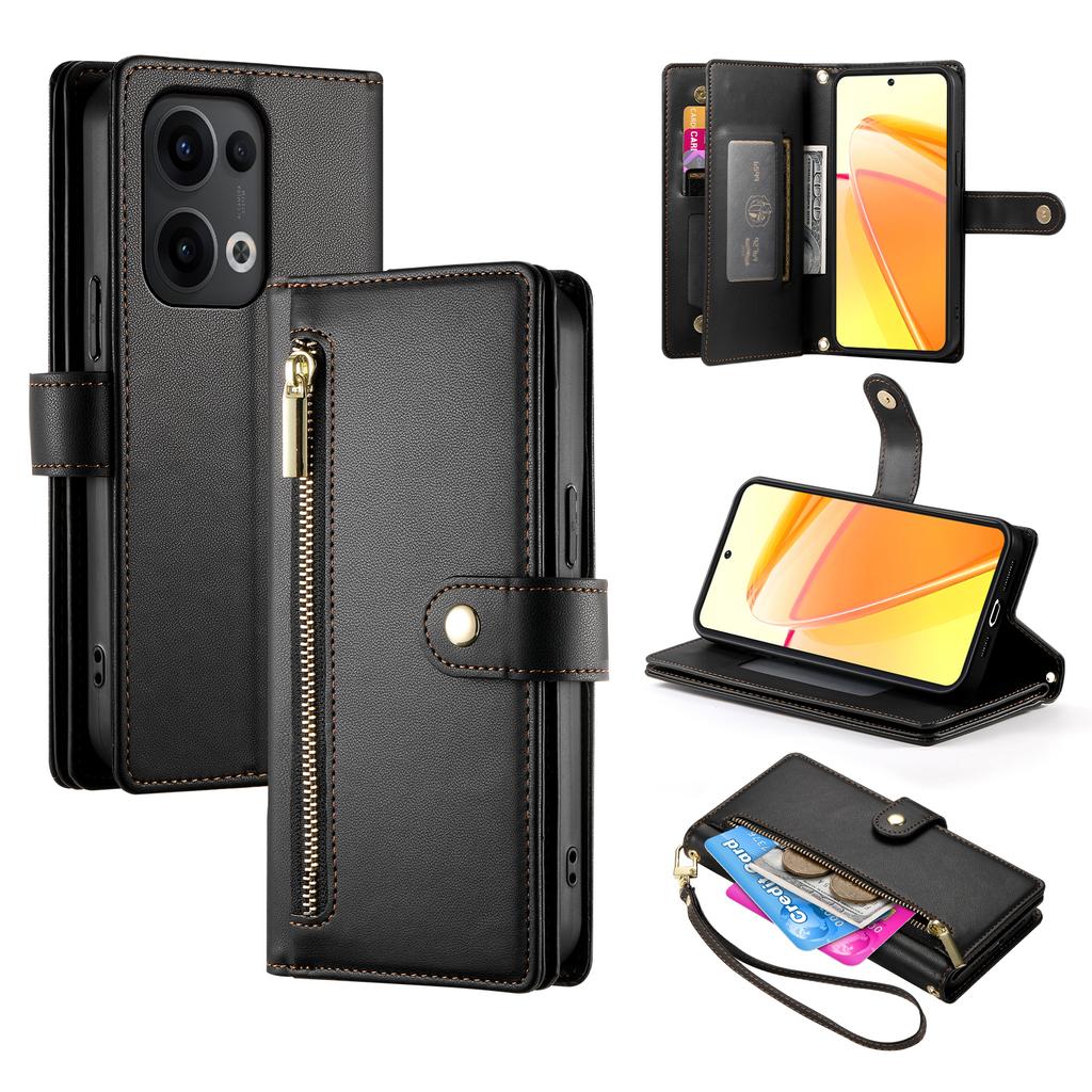 DF-011 For Oppo Reno13 5G (Global) Case Zipper Pocket Wallet Leather Phone Cover with Straps