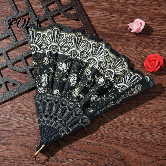 Chinese Style Sturdy Plastic Rib Fan Vintage Lace Folding Portable Floral Pattern Elegant Handheld Lightweight for Tea Wear Hand Dance Performance
