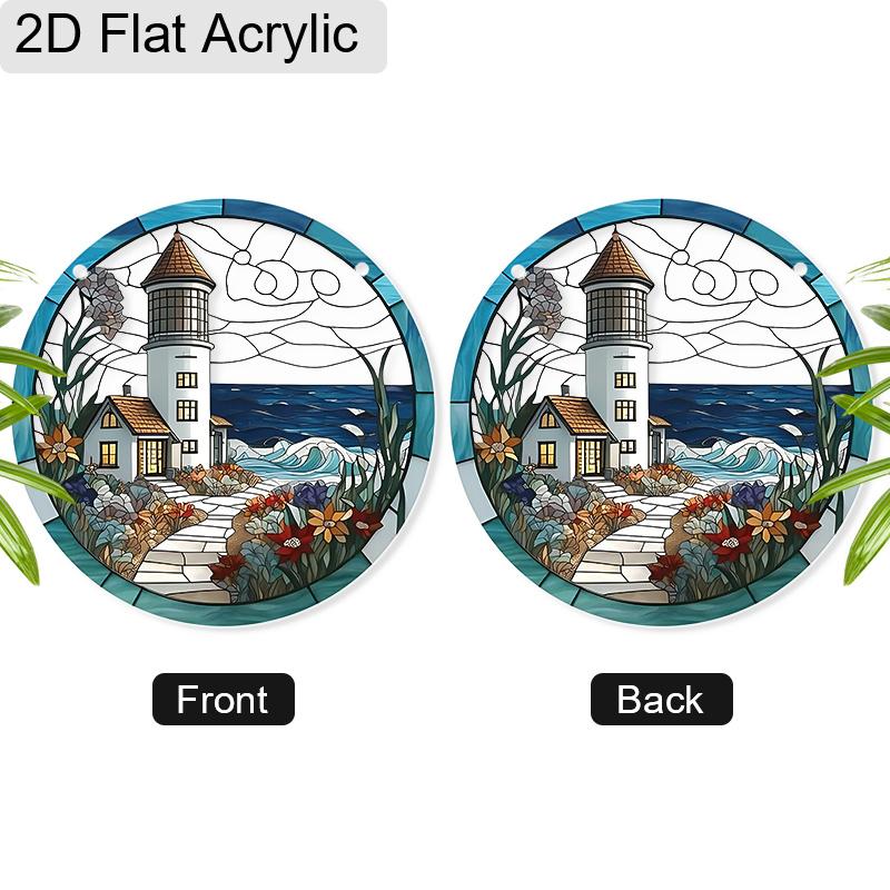 Acrylic Coastal Lighthouse with Ocean and Flowers Suncatcher, Stained Glass Effect Window Hanging Ornament for Nautical & Beach Lover Gifts