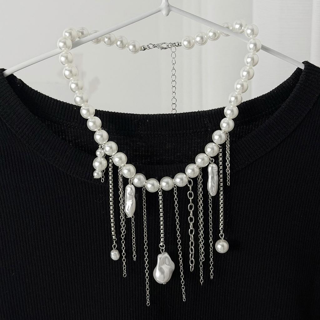 Ingemark Elegant Trendy Imitation Pearls Choker Necklace Women Vintage Silver Color Tassel Pendant Chain Wed Bridal Jewelry Gift