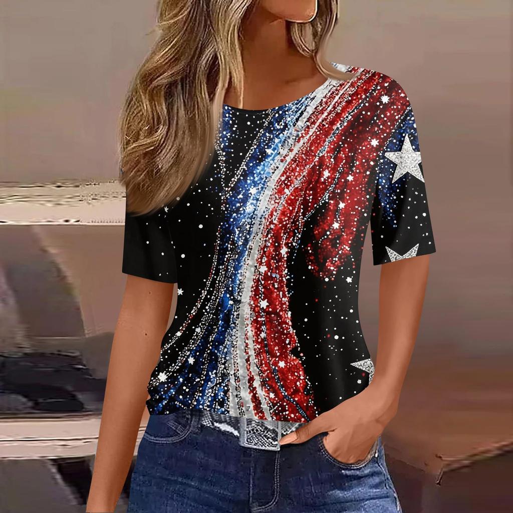 Women's Fashionable Casual Short Sleeve Print Round Neck Pullover Top