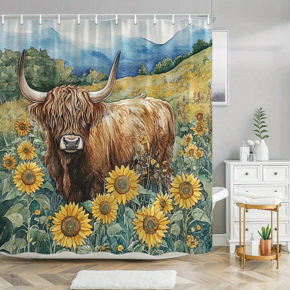 1pc Highland Cow Shower Curtain - Watercolor Pastoral Scene with Shaggy Brown Fur, Curved Horns & Vibrant Sunflowers, Realistic