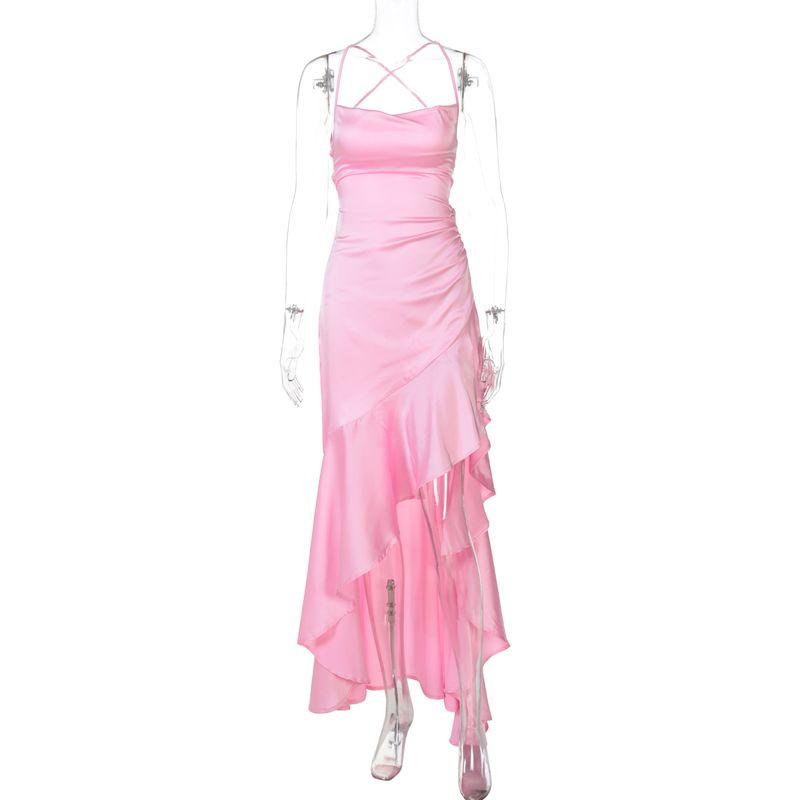 

Shemoda Fashion Ins Style Sexy Open Back Rope Sling Dress Women s Side Zipper Oblique Slit Long Skirt Pink S