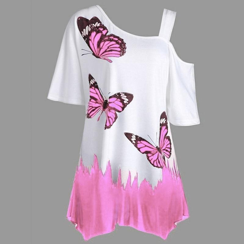 Women Fashion Butterfly Print One Shoulder Short Sleeve Tunic T-shirt Loose Blouse Tops Plus Size Fashion T-shirt