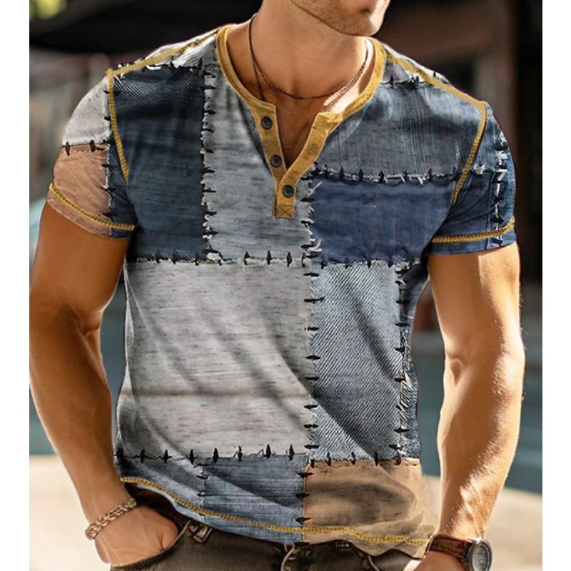 Simple Plaid 3D Printed Stand-Up Collar Men'S Casual Short-Sleeved T-Shirt