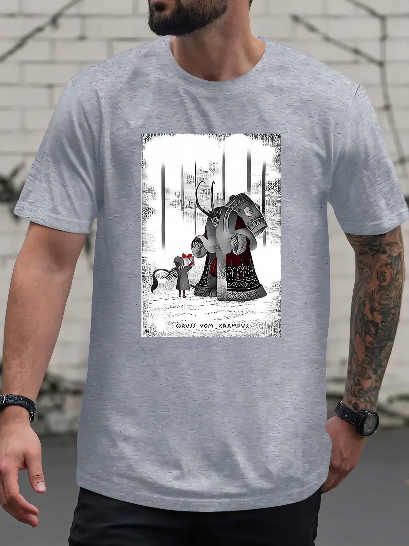 

Casual Crew Neck T-shirt with Whimsical Gnome & Robot Print - Lightweight Regular Fit Short Sleeve Tee for Spring/Summer L
