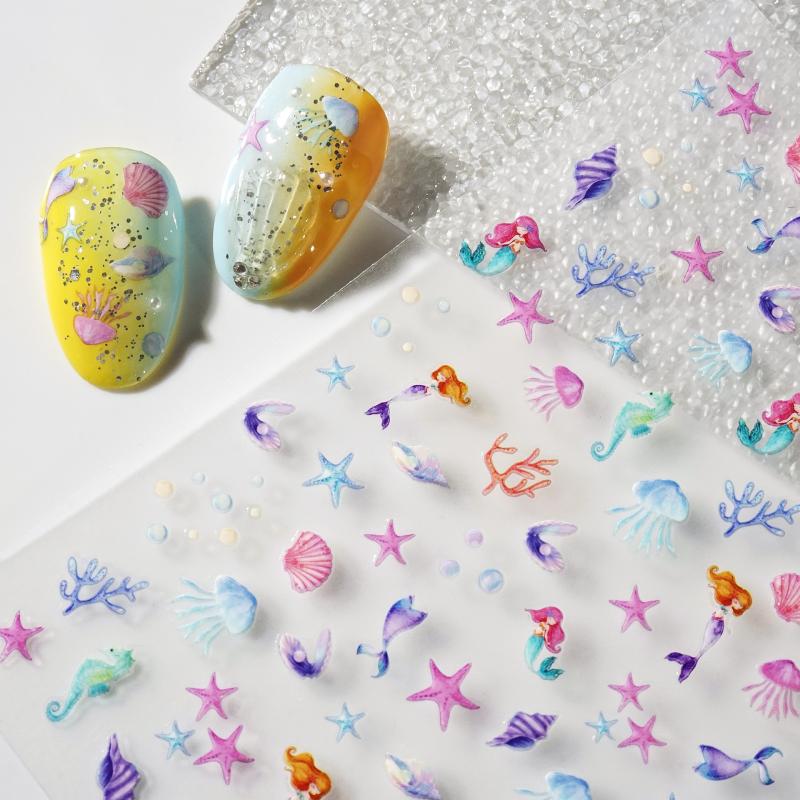 Cute Colour Ocean Nail Art Stickers 3D Relief Summer Starfish Seashell Nail Decals Decoration Nail Charm Nail Art Supplies