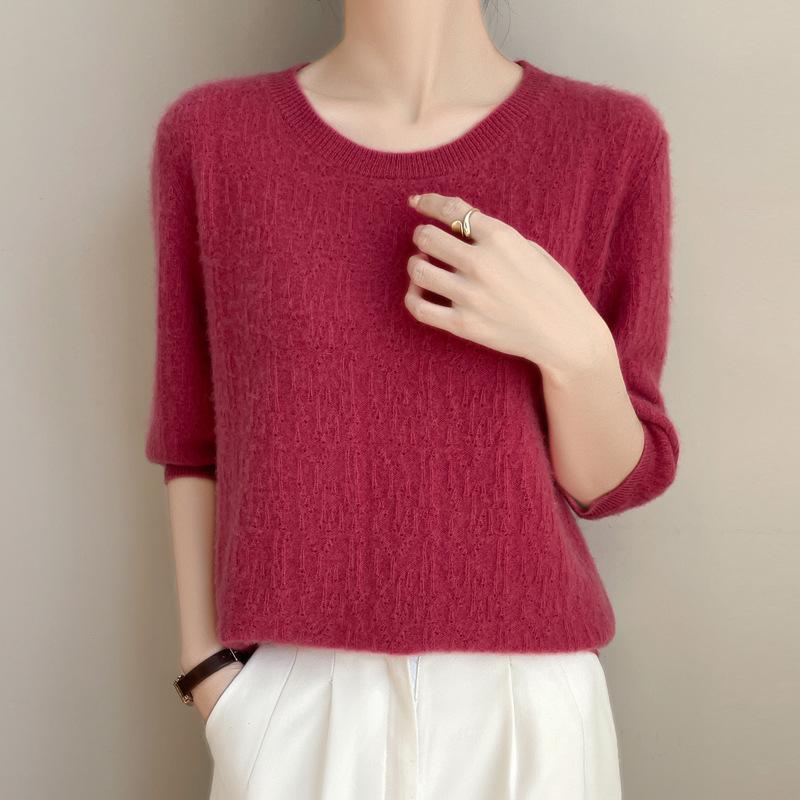 Spring New Knitted Sweater Women's Short-sleeved Crew Neck Pullover Carved Thin Five-quarter-sleeved Top Large-size Bottoming Shirt