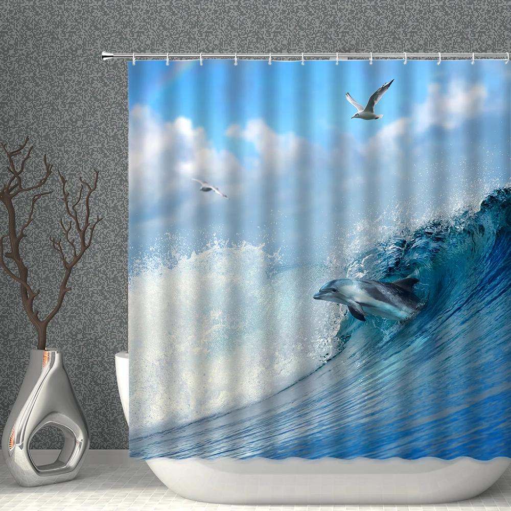 Marine Animal Underwater World Shower Curtain Waterproof Polyester Fabric Whale Dolphin Background Home Decoration With Hooks