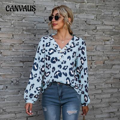 Plus Size Leopard Print V Neck Off The Shoulder Long Sleeved Top for Women