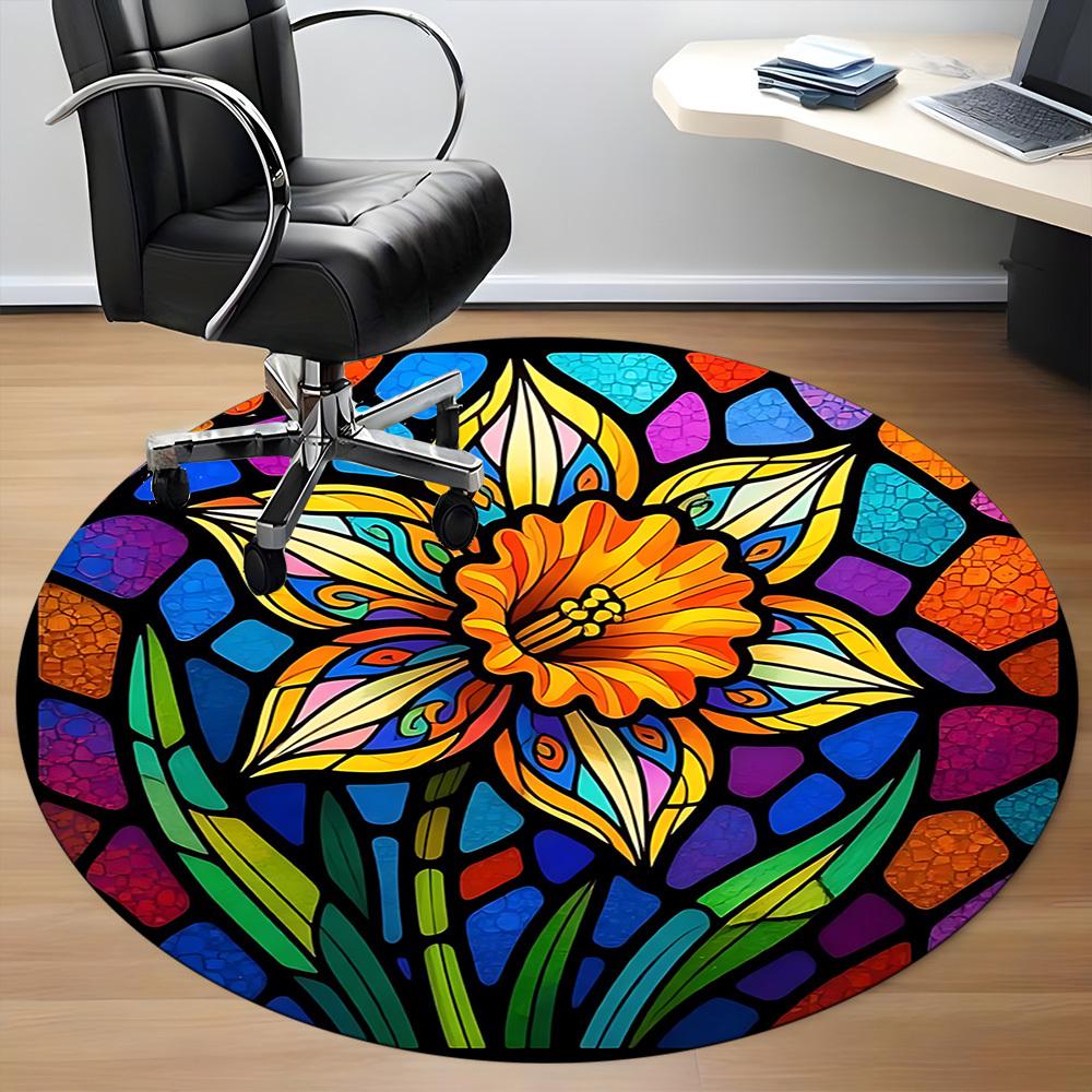 1pc Stained Glass Flower Office Round Area Rug, Indoor Mat Suitable ForOffice, Under Office Chairs Bedroom Living Room Home Decor, Room Deco  D054