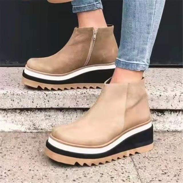 Neue Mode Winter Keilabsatz Damenstiefel Bequeme Stiefeletten Schuhe Runde Zehen 4cm Absatz Reißverschluss Verdickung Botas De Mujer43