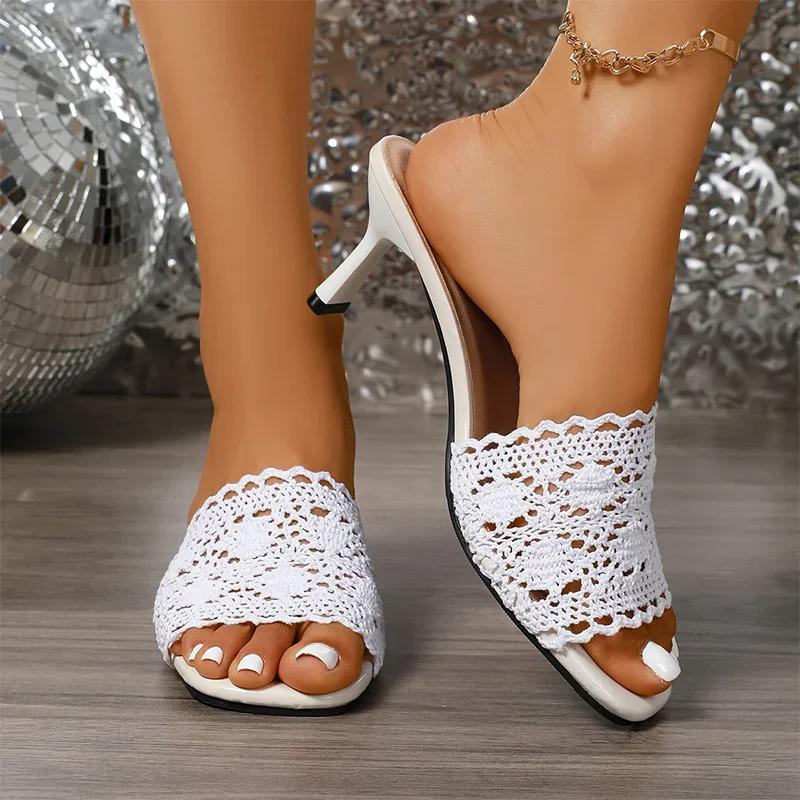 Fashion Lace High Heels Sandals for Women 2025 Summer Lightweight Comfortable Slippers Woman Plus Size Thin Heeled Square Toe Slippers