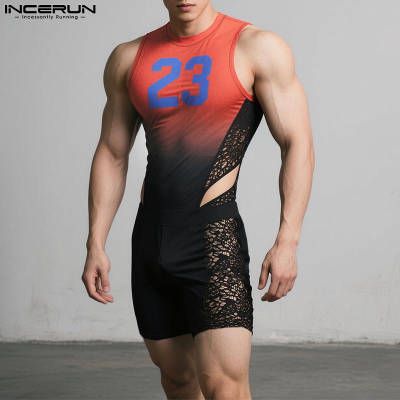 INCERUN Men Sleeveless Gradient Tops Lace Shorts Fitted Outfit Pajamas Underwear Sets