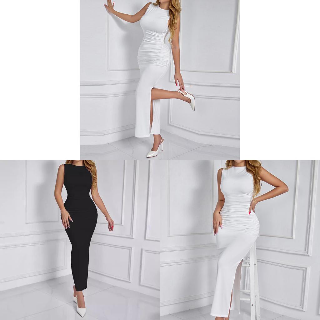 Basic Dress Long Skirt With Pleats And Side Slit For Spring Summer Casual Wear