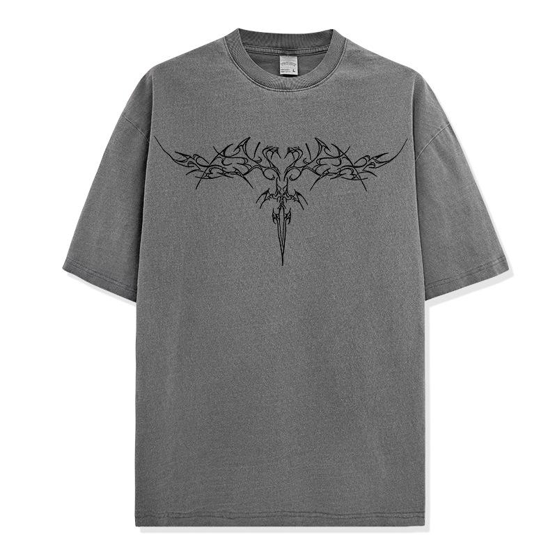 Loose Fit Washed Pure Cotton T-Shirt with Chest Tattoo Print