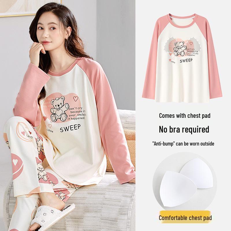 Women's 2025 Long-Sleeve Cartoon Pullover Pajamas with Chest Pad - Versatile Cotton Set for Indoor/Outdoor Wear (Autumn/Winter).