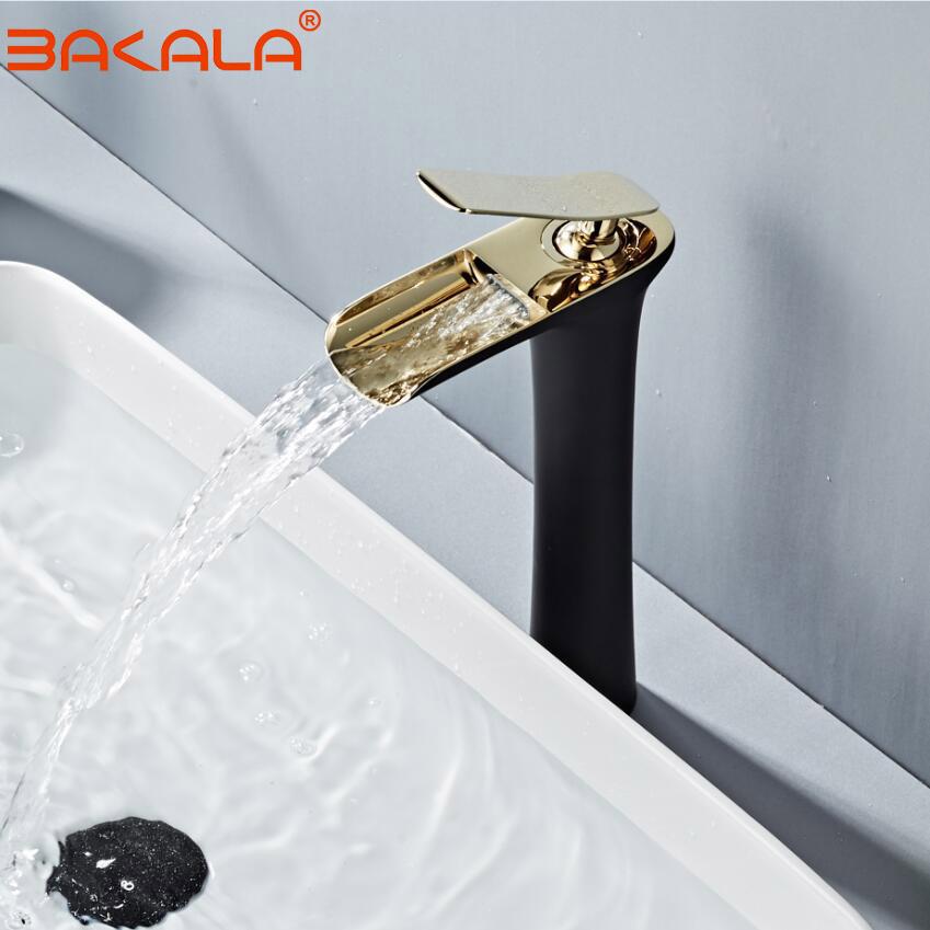 BLACK GOLDEN Basin Faucet Cold and Hot Water Waterfall Bathroom Faucet Single handle Basin Mixer Tap Deck Mount Torneira