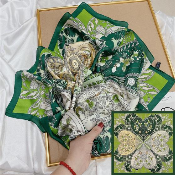 Luxury Silk Square Scarf Women Shawl Fashion French Flower Print Design Satin Hijab Wraps Neckerchief Female Hair Bands 70*70Cm