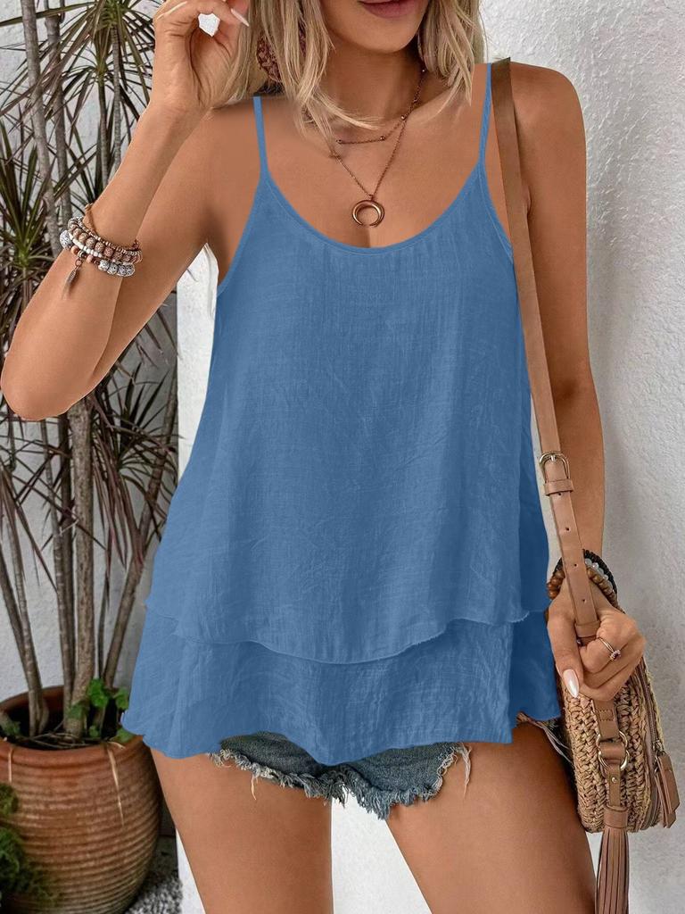 Canottiera Cami Casual da Donna Taglie Forti, Monocolore, Doppio Strato, Svasata, Spalline Sottili