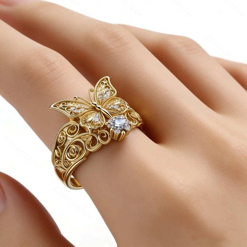 Creative Elegant Butterfly Hollow Inlay Zircon Ring For Women Birthday Accessories Festival Gift Birthday Anniversary Jewelry