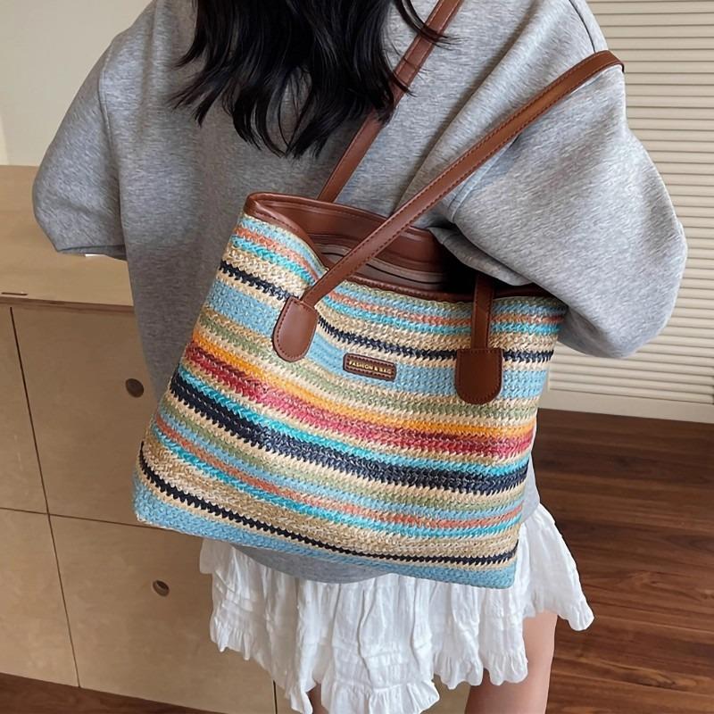New straw bag women's summer striped casual simple versatile shoulder bag large capacity seaside vacation beach bag