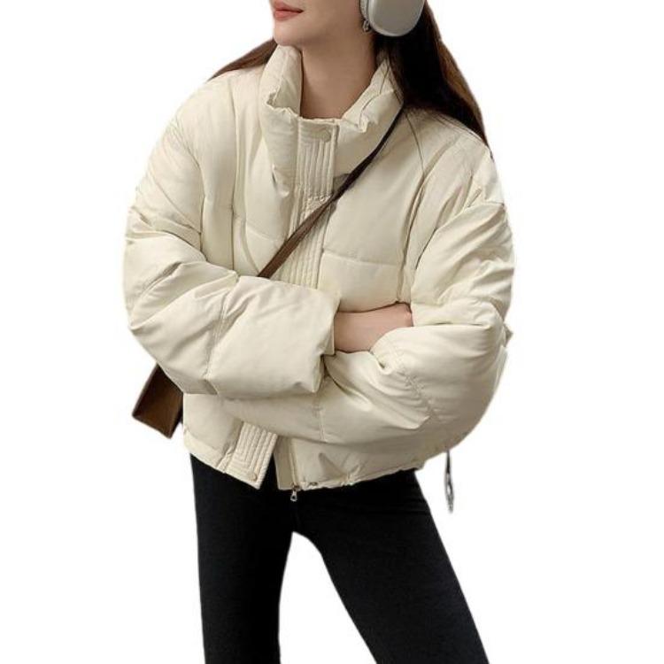 Winter Warm Women Cotton Coat Stand Collar Thickened Lightweight Long Sleeve Solid Color Outwear with Pockets