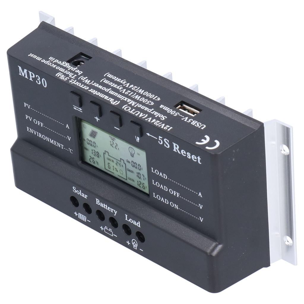 Solar Charge Controller 30A 12/24V LCD Display Backlight Circuit Protection USB Port MPPT PWM