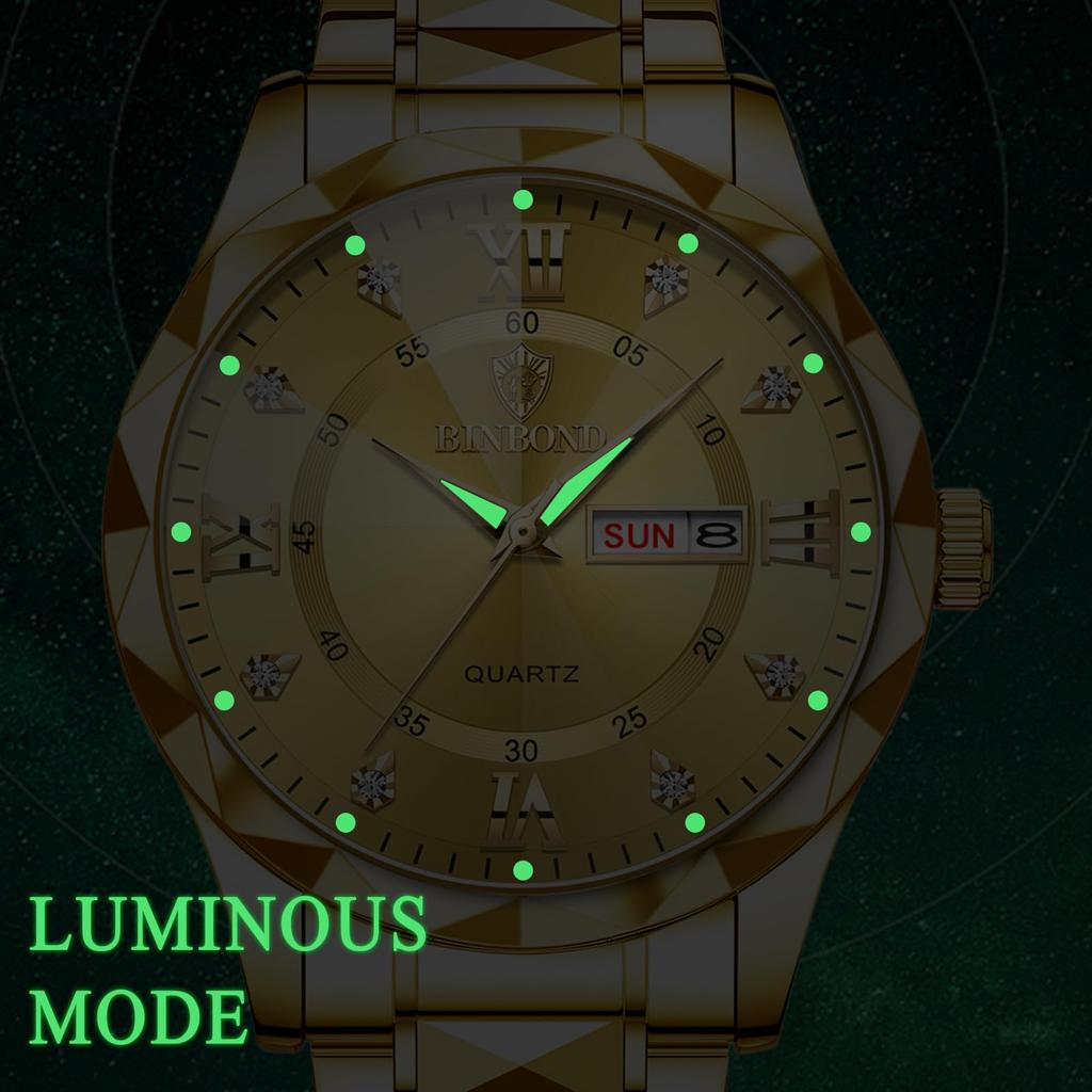 Montre homme New Day, étanche, résistante à la pluie, lumineuse, cadran, acier, bracelet circulaire en acier inoxydable avec calendrier, or, grande paire